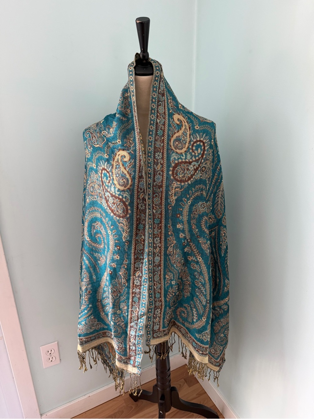 Pashmina Silk Blend Scarf Shawl Wrap Teal Brown Paisley Fringe Warm Classy Chic